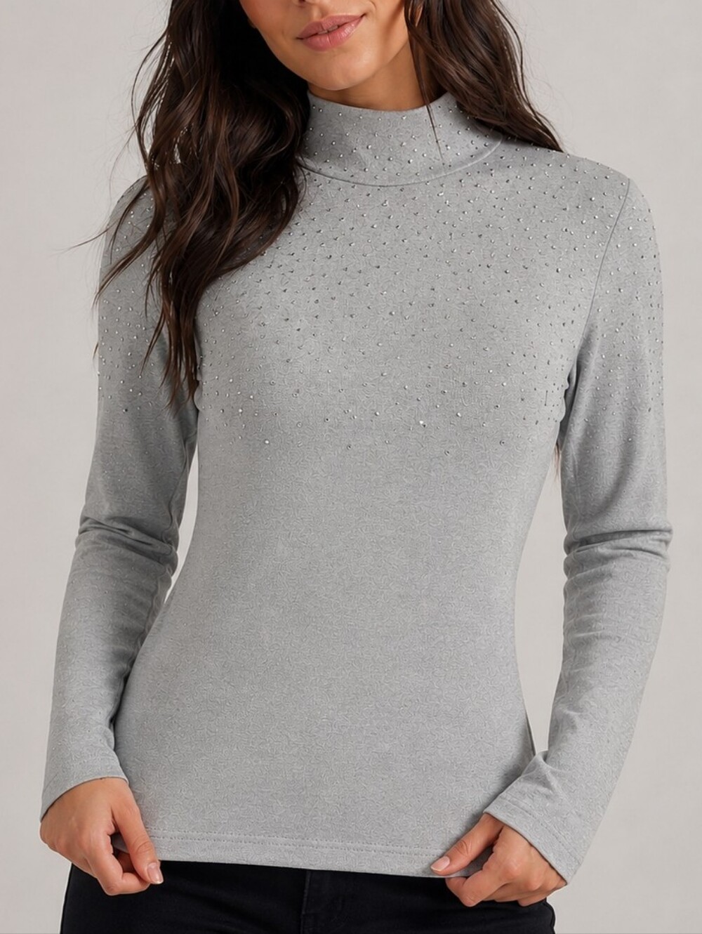 St. John Sport Marie Gray Metallic Mock Neck Crystal Bedazzled Long Sleeve